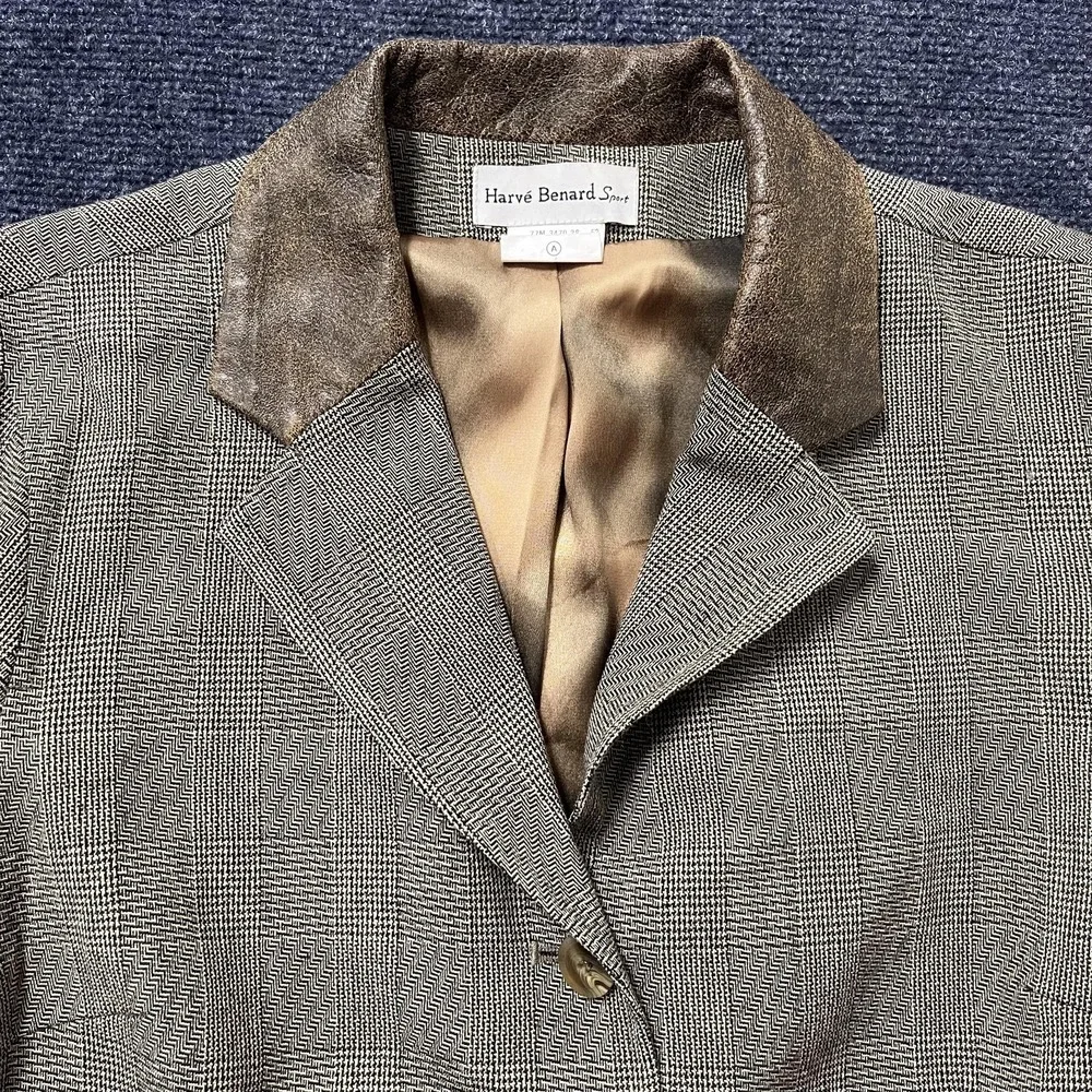 Harve Benard Sport Blazer Jacket Womens 10 Gray Plaid Wool Faux Leather Collar - Picture 2 of 10